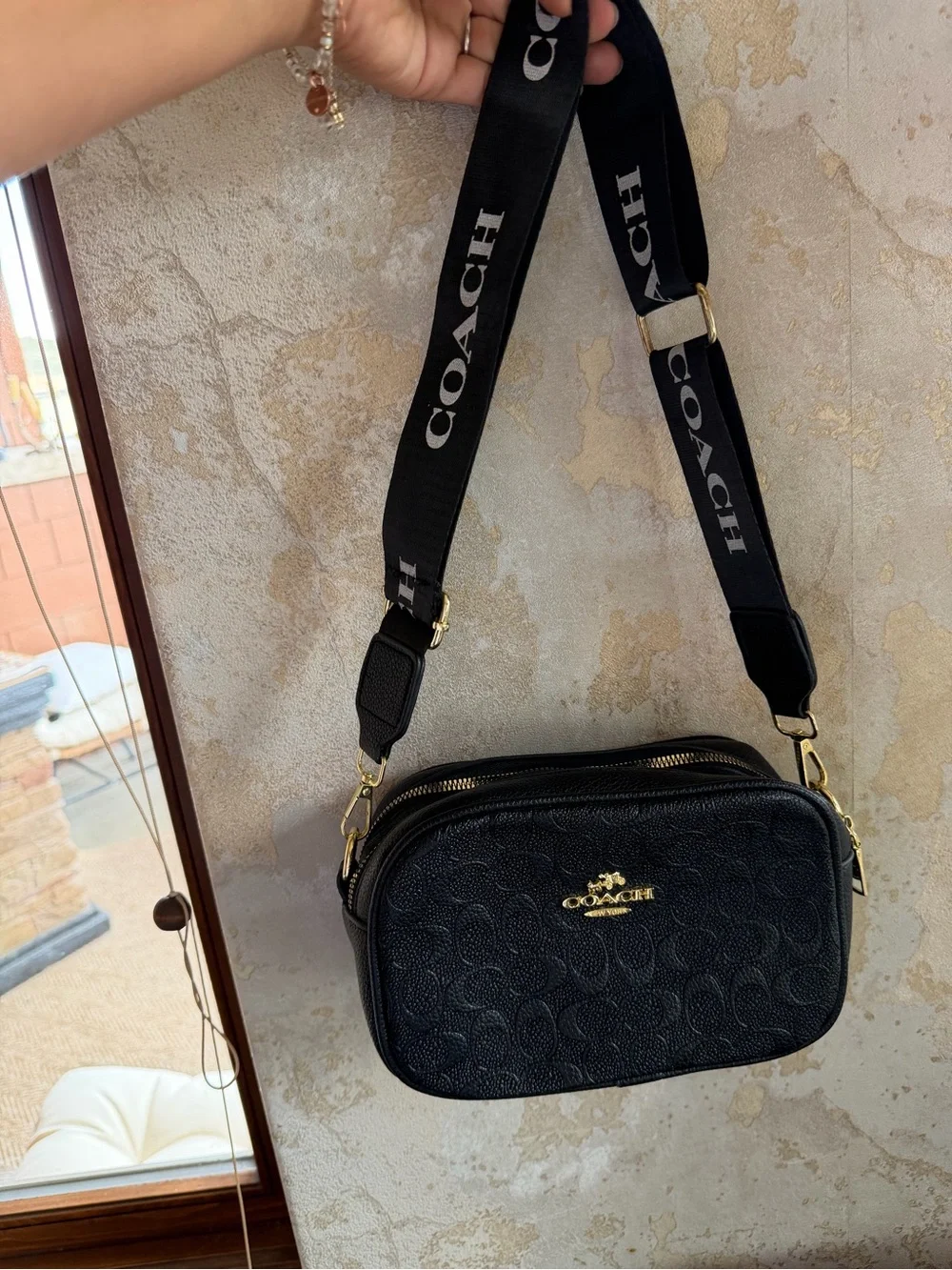 Coach Black Embossed Signature Crossbody Camera Bag with Gold Hardware